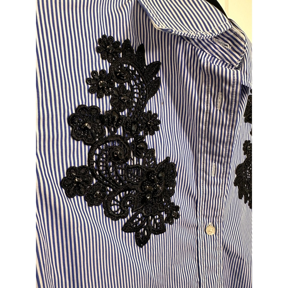 Lauren Ralph Lauren Blue White Striped Lace Applique Button Down Shirt Small - Picture 4 of 4